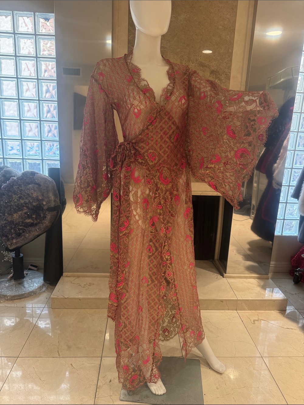 Agent Provocateur Pink Lace Maxi Bell Sleeve Robe